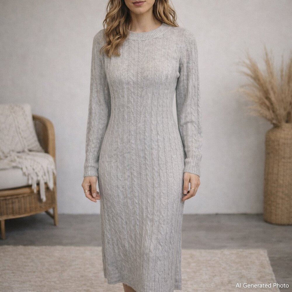 Stitchdrop Cable Knit Long Sleeve Midi Dress with Tie-Back Cutout Small Gray